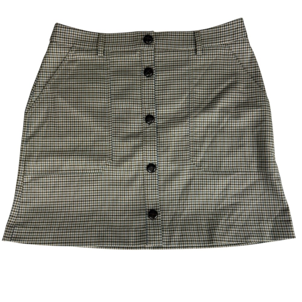 MONOPRIX Plaid Button Front Mini Skirt‎  Size Large Brown Tan Blue Preppy New